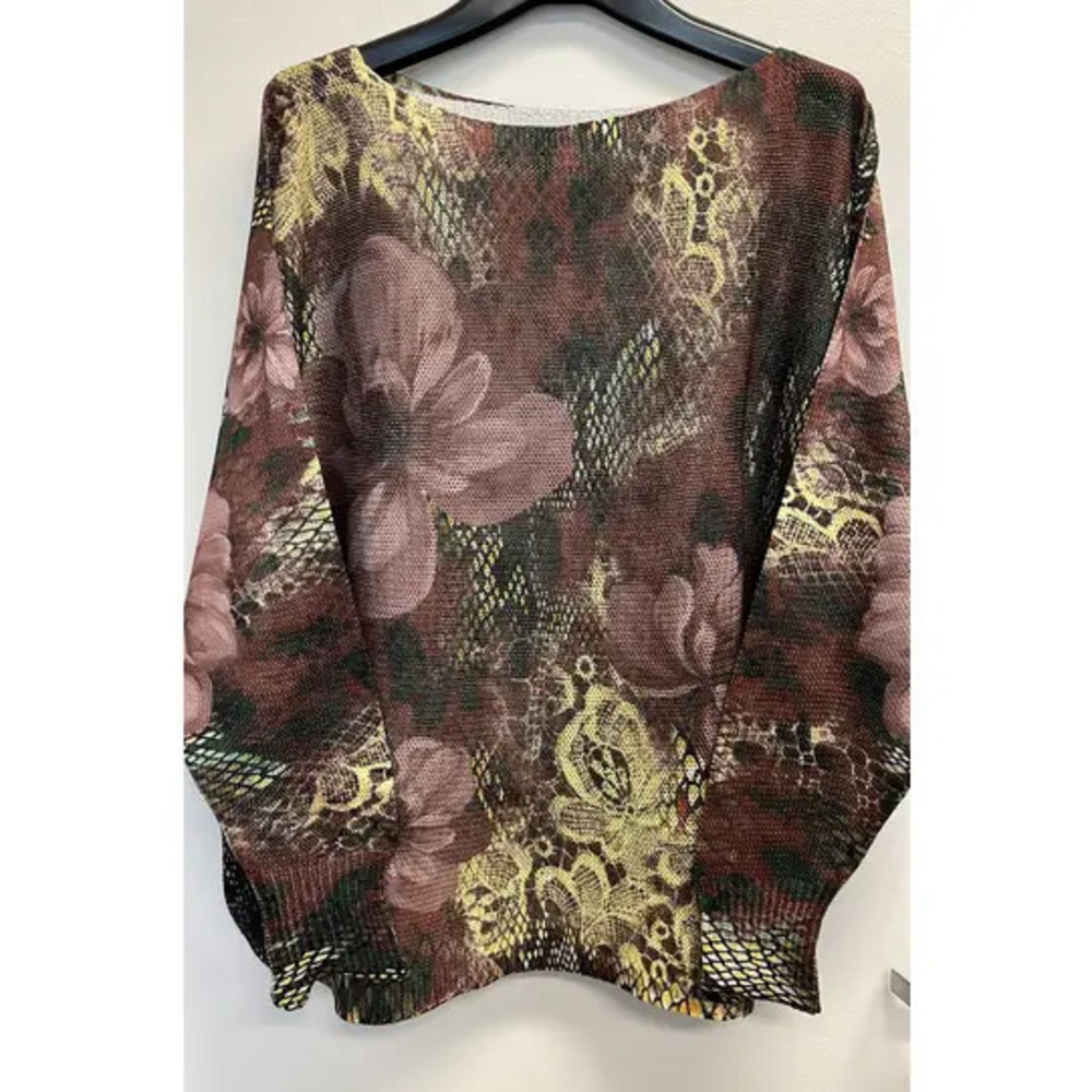 L143 B | Loowie Floral Lace Round Neck Printed Knit Sweater | Plum | One Sz S-L